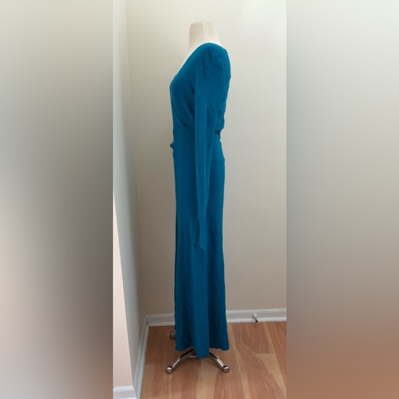 Tome Runway Teal Ribbed Merino Wool V Neck Long Sleeve Maxi Dress Size Medium - Picture 3 of 15